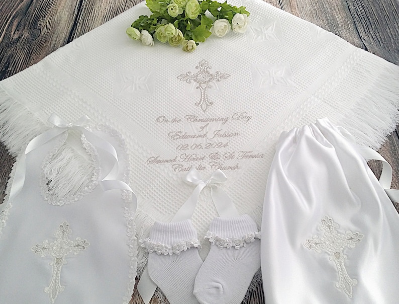 Baptism blanket in white or cream with a cross of your choice from www.lyubove.co.uk Lyubove Christenings