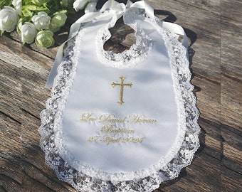 Cream ivory Baby Baptism Christening bib personalized with name with Christian, Orthodox, Celtic cross with vintage style pretty lace