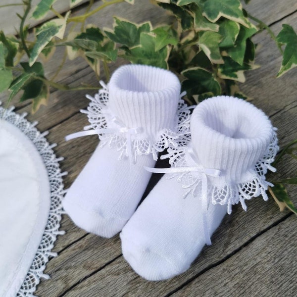 Baby socks for a special occasion with lace trim for Baptism , Wedding