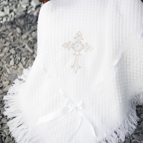 Baptizm Christening blanket shawl with name, cross, designs for boys girls white ivory Catholic Orthodox many designs also see MATCHING bibs