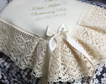 White cream or ivory WARM fleece  Baby blanket for a Baptizm Baptism or a Christening personalized with child's name with COTTON CLUNY lace