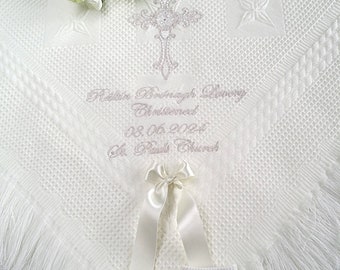 Baptizm Christening blanket shawl option with name, cross  white cream Irish English Scottish Catholic Orthodox designs + MATCHING bibs