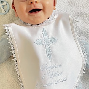 White cream or ivory Baby Baptizm Baptism Christening bib personalized with name and embellished with any cross design