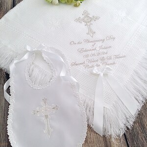 Baptism blanket in white or cream with a cross of your choice from www.lyubove.co.uk Lyubove Christenings