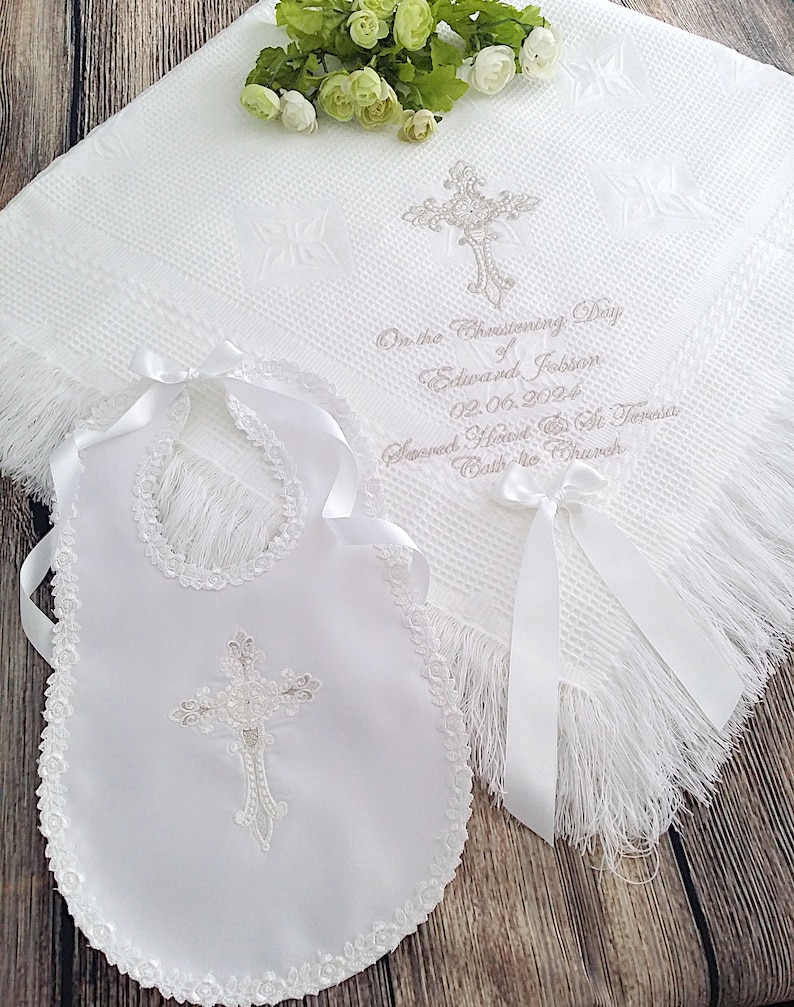 Baptism blanket in white or cream with a cross of your choice from www.lyubove.co.uk Lyubove Christenings