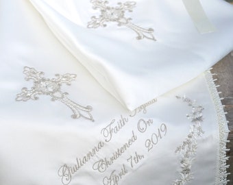 Ivory baby Baptism /Christening blanket with delicate flower embroidery and a cross + matching bib & pouch personalised to your requirements