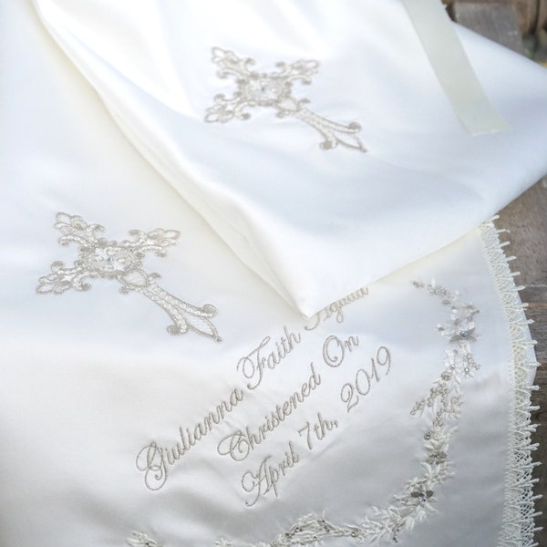 Ivory baby Baptism /Christening blanket with delicate flower embroidery and a cross + matching bib & pouch personalised to your requirements