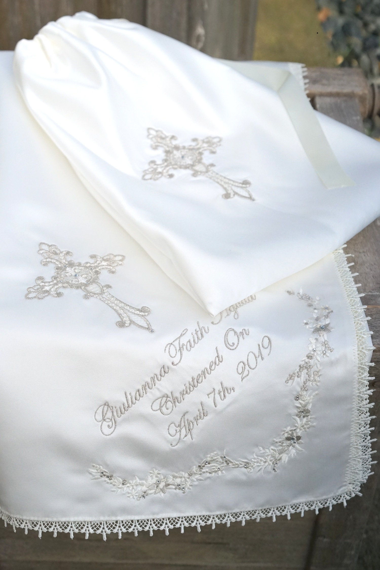 Ivory Baby Baptism christening Blanket With Delicate Flower Embroidery and a Cross Matching Bib Pouch Personalised to Your Requirements Etsy