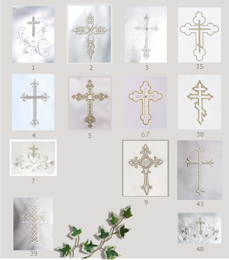 May include: A collection of embroidered crosses in various designs. The crosses are in different styles, with ornate details and embellishments. The color palette is primarily white and silver, with some gold accents. The crosses are displayed on a white background.