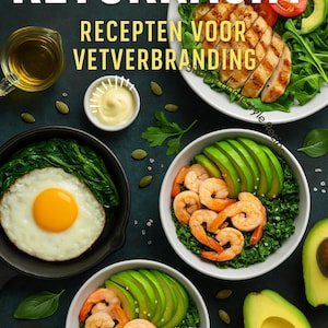 May include: A top-down shot of keto-friendly meals. The image features bowls of shrimp and avocado, grilled chicken, and a fried egg. Text at the top reads "KETOKRACHT" and "RECEPTEN VOOR VETVERBRANDING".