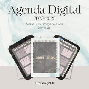 Peut inclure: Un agenda numérique pour 2025-2026 avec une couverture en marbre gris foncé, des accents dorés et une reliure à spirale. L'affichage présente des pages de calendrier pour 2025 et 2026 avec des onglets mensuels, le texte Agenda Digital 2025-2026 et ElixDesignFR.