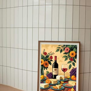 Wine and Cheese Still Life Print | Rustic Kitchen Poster