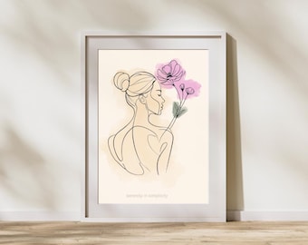 Póster digital con arte de pared floral con impresión de línea de mujer minimalista
