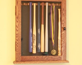 minni  baseball ball bat display cabinet  solid oak with door