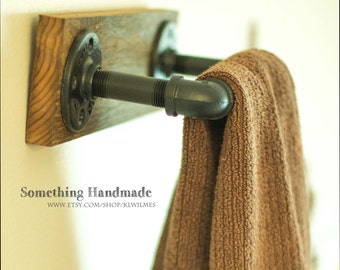 Barn wood rustic industrial hand towel bar  rustic 100+ year old reclaimed barn wood  wood and black iron pipe