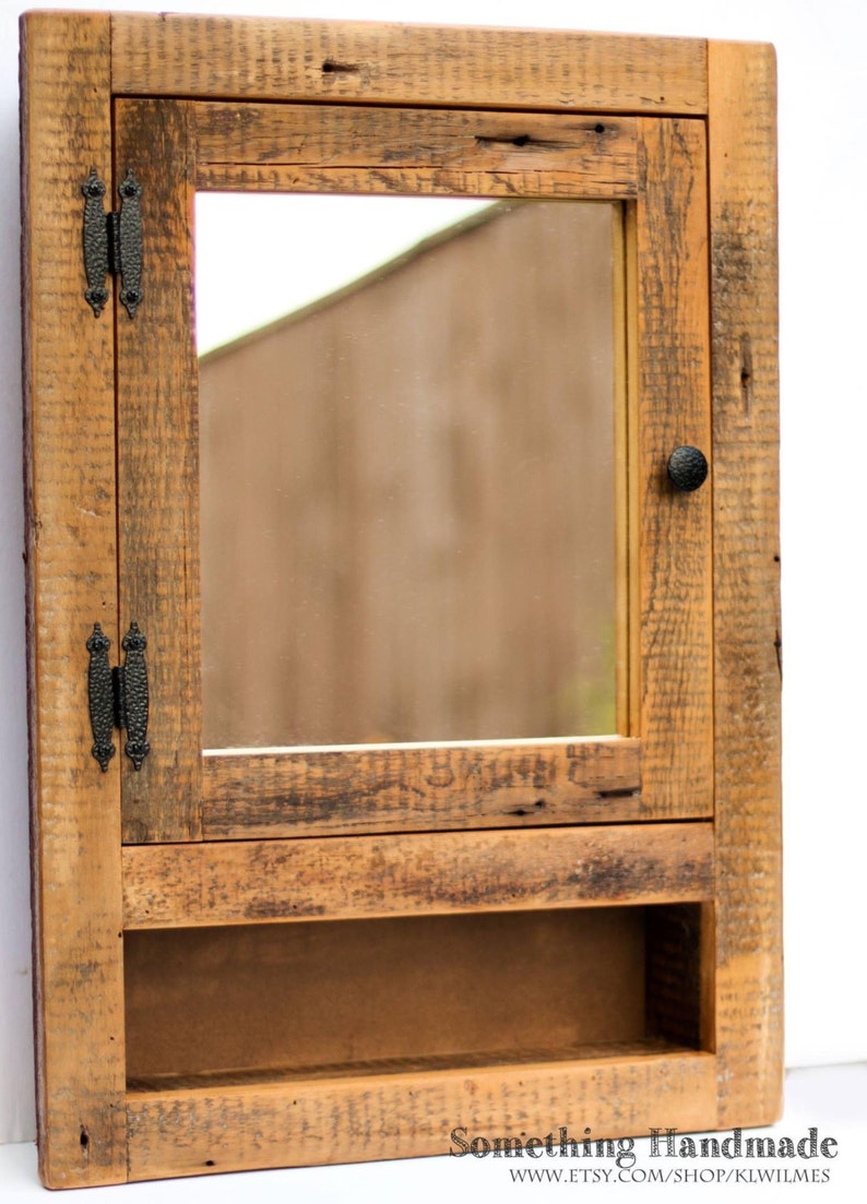 Recessed barn wood Medicine cabinet with open shelf made from 1800s barn wood image 1