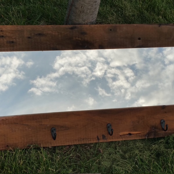 Barn wood mirror ,coat   rack entryway mirror  made from 1892 rustic barn wood