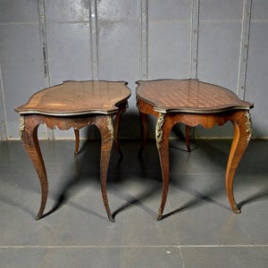 Pair of Louis XV Revival Parquetry Side Tables – 19th Century Ormolu Mounted | Kingwood Cube Inlay | French Rococo Lamp Tables Cabriole Legs