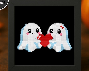 Gráfico de Ponto Cruz de Fantasmas Engraçados | Bordado Kawaii de Halloween | Gráfico Assustador em PDF