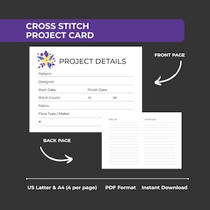 Puede incluir: Una tarjeta de proyecto de punto de cruz blanca con el texto "CROSS STITCH PROJECT CARD" en morado. La tarjeta incluye secciones para detalles del proyecto, patrón, diseñador, fechas de inicio y finalización, conteo de puntadas, tela e información del hilo. La tarjeta está etiquetada como "FRONT PAGE" y "BACK PAGE".
