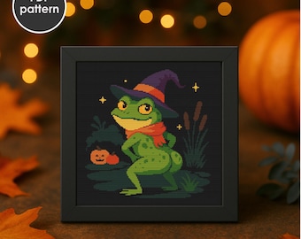 Witch Frog Cross Stitch Pattern: Halloween Toad Embroidery (PDF Download