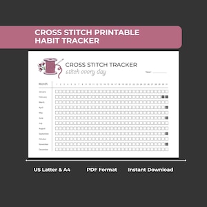 Puede incluir: Un rastreador de hábitos de punto de cruz imprimible con un encabezado rosa. El rastreador incluye un gráfico de punto de cruz, el texto "Cross Stitch Tracker stitch every day" y un calendario mensual para rastrear el progreso. Disponible en PDF.