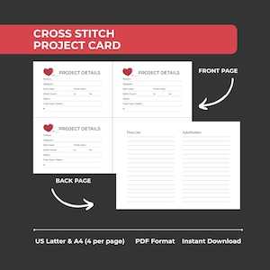 Puede incluir: Una tarjeta de proyecto de punto de cruz con un encabezado rojo. La tarjeta incluye secciones para detalles del proyecto, una lista de hilos y sustituciones. Las páginas delantera y trasera están etiquetadas con flechas. Disponible en formato US Letter y A4 PDF.