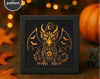 Patrón de punto de cruz de dragón dorado gótico: bordado de fantasía de Halloween (patrón PDF)