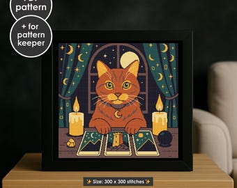 Red Cat Tarot Cross Stitch Pattern: Mystic Fortune Teller (PDF Download)