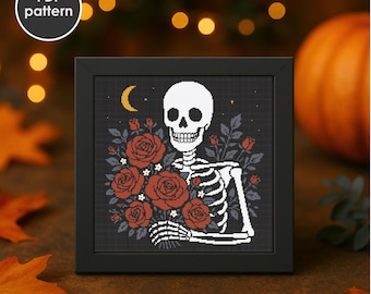 Gothic Skeleton & Roses Cross Stitch Pattern: Floral Skull Embroidery (PDF Pattern)