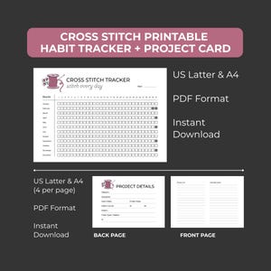 Puede incluir: Un rastreador de hábitos y una tarjeta de proyecto de punto de cruz imprimibles. El diseño incluye un rastreador mensual con casillas para el progreso diario, los detalles del proyecto y una página delantera y trasera. El texto incluye "Cross Stitch Printable Habit Tracker + Project Card".