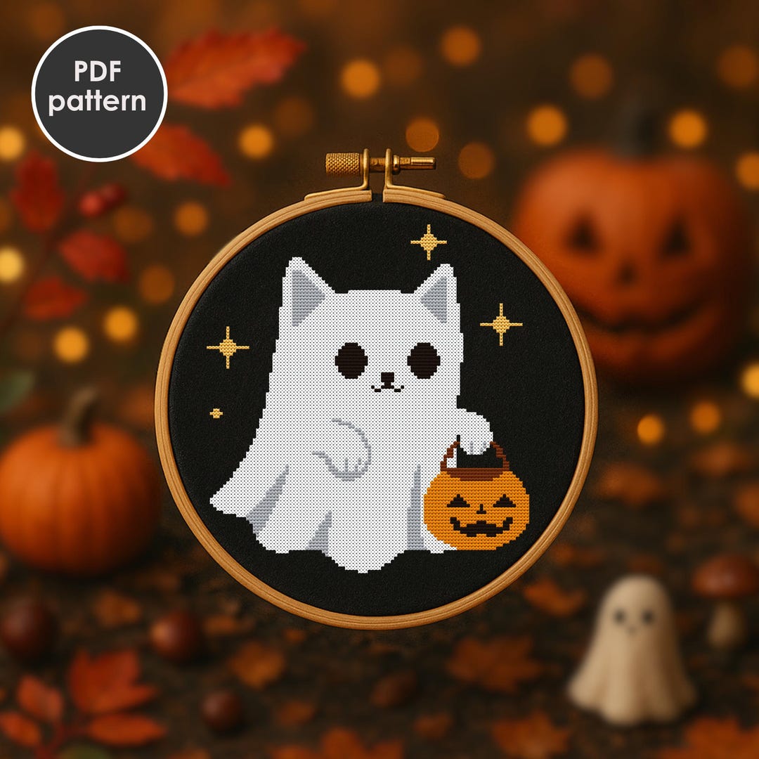 Ghost Cat Cross Stitch Pattern: Kawaii Halloween Embroidery (PDF ...