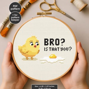 Puede incluir: Un bastidor de bordado de punto de cruz con un diseño de pollito amarillo y huevo frito, con el texto "BRO? IS THAT YOU?". El bastidor mide 15,24 x 8,36 cm. La imagen también incluye hilo de bordar, tijeras y una bobina de hilo.