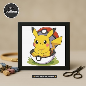 May include: A framed cross-stitch pattern featuring Pikachu inside a Poke Ball. The yellow Pikachu has black-tipped ears and red cheeks. The Poke Ball is white, red, and black. The text "PDF pattern" is in a circle in the upper left corner.
