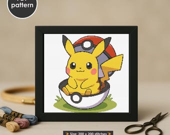 Patrón de punto de cruz de Pikachu en Pokeball: Bordado de anime (Patrón PDF)