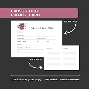 Puede incluir: Tarjeta de proyecto de punto de cruz con el texto "CROSS STITCH PROJECT CARD" en la parte superior. La tarjeta incluye secciones para los detalles del proyecto, como el patrón, el diseñador, las fechas de inicio y finalización, el recuento de puntadas, la tela y la información del hilo.