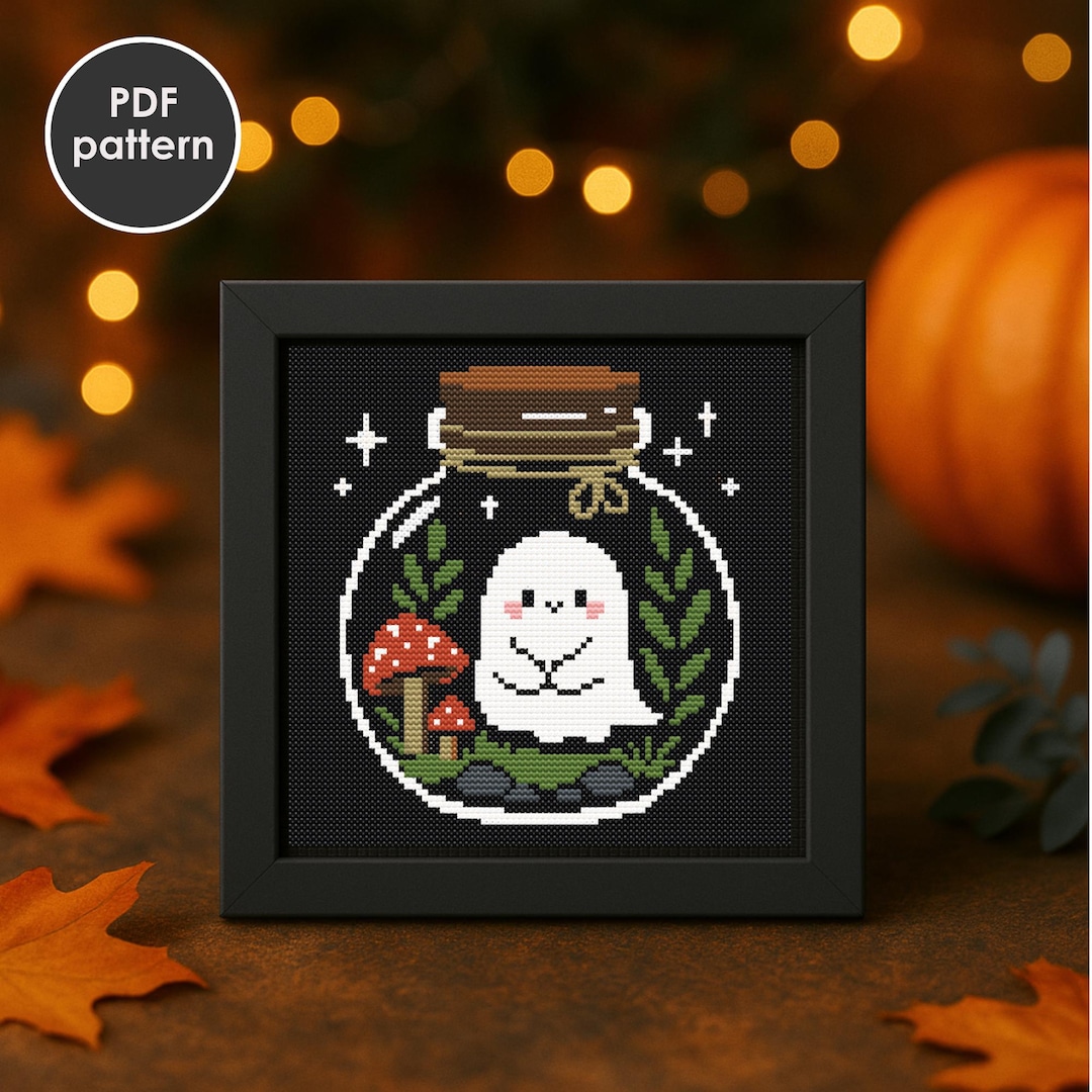 Kawaii Ghost in Jar Cross Stitch Pattern - Halloween Embroidery (PDF ...