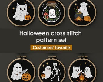 Halloween Geist Kreuzstich Stickmuster Set – Gruselige Stickerei (PDF Download)