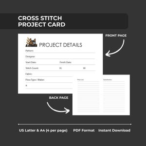 Może przedstawiać: Biała karta projektu haftu krzyżykowego z napisem "CROSS STITCH PROJECT CARD" u góry. Karta zawiera sekcje na szczegóły projektu, takie jak wzór, projektant, daty rozpoczęcia i zakończenia, liczba ściegów, tkanina i informacje o nici. Karta jest dostępna w formacie US Letter i A4 PDF.