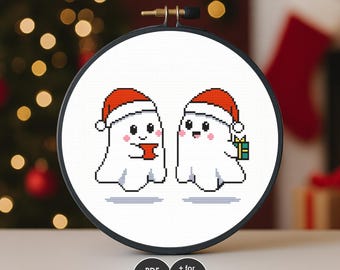 Weihnachtsgeist Freunde Kreuzstichmuster | Kawaii Gruseliges Weihnachts Duo | Einfaches anfängerfreundliches PDF