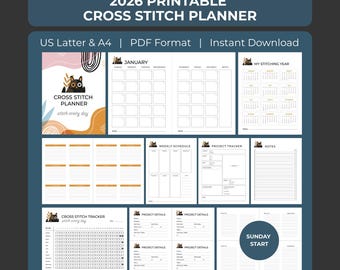 2026 Cross Stitch Planner (Sunday start), Project Tracker, Needlework Journal (PDF)