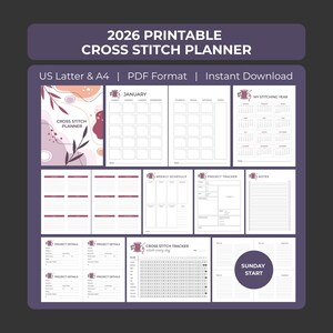 Puede incluir: Un planificador de punto de cruz imprimible de 2026 en formato PDF. El planificador incluye calendarios mensuales, rastreadores de proyectos, horarios semanales y páginas de detalles del proyecto. El diseño presenta un esquema de color púrpura y blanco.