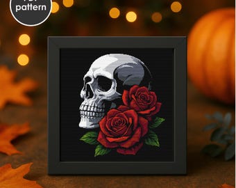 Skull and Roses Cross Stitch Pattern: Gothic Floral Embroidery (PDF Chart