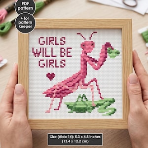 Funny Praying Mantis Cross Stitch Pattern PDF | Girls Will Be Girls Chart | Modern Embroidery