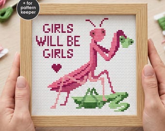 Funny Praying Mantis Cross Stitch Pattern PDF | Girls Will Be Girls Chart | Modern Embroidery