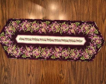 Floral Centerpiece Runner Linen Tropical Table Runner with Birds and Flowers in Eggplant Aubergine Reversible Table Runner Jenaveve