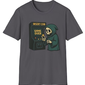 Grim Reaper Arcade T-Shirt - Funny Gamer Tee, Halloween Style, Retro Gaming Gift for Him or He