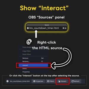 May include: A dark graphic showing instructions on how to interact with a source in OBS. The text reads "Show Interact" and highlights the "Interact" button. The image includes the text "ktx_countdown_timer.html".