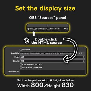 May include: A screenshot demonstrating how to set the display size in the OBS "Sources" panel. The image highlights the "ktx_countdown_timer.html" source and specifies a width of 800 and a height of 830.