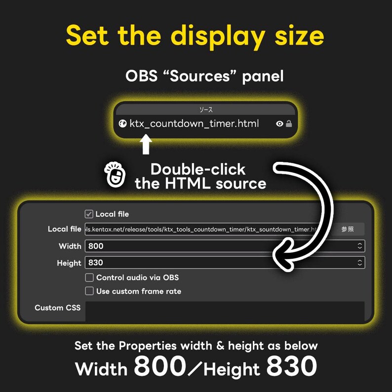 May include: A screenshot demonstrating how to set the display size in the OBS "Sources" panel. The image highlights the "ktx_countdown_timer.html" source and specifies a width of 800 and a height of 830.